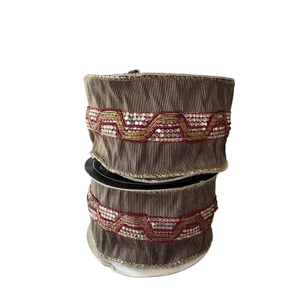 Robert Stanley (2) 15 Ft Beaded Designer Ribbon Brown Burgundy Gold 4” Wide